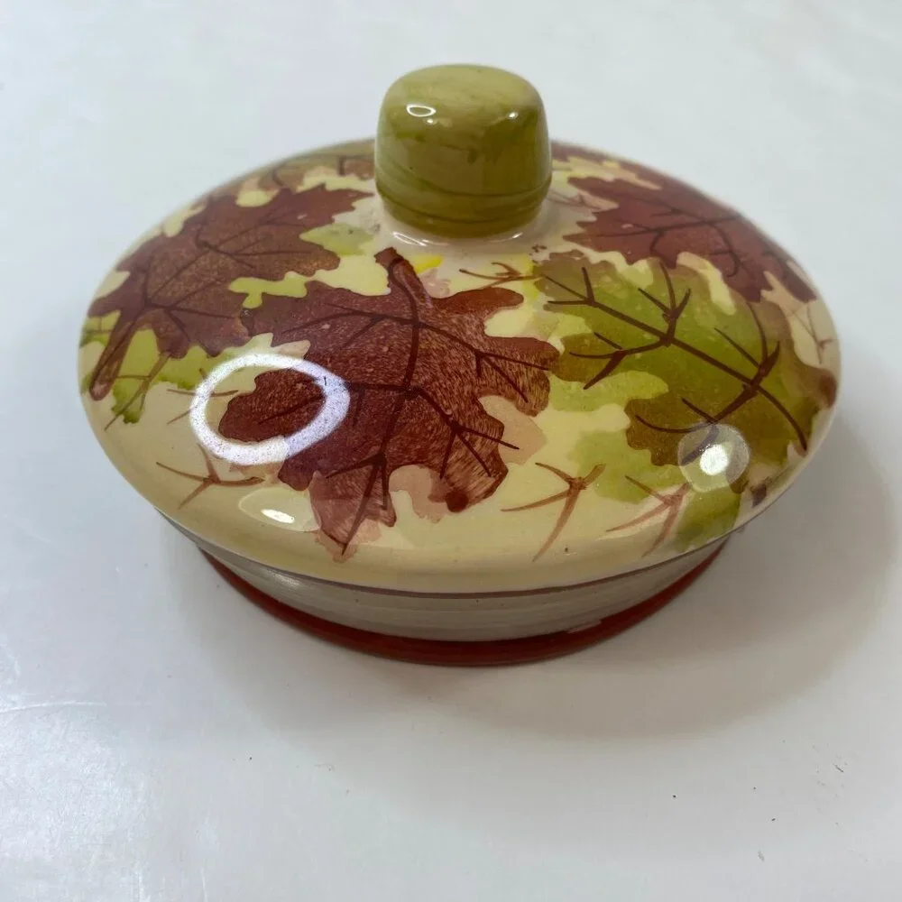 Pier 1 Autumn Ceramic Cookie Jar Yellow Red Brown Leaves Design Kitchen Storage